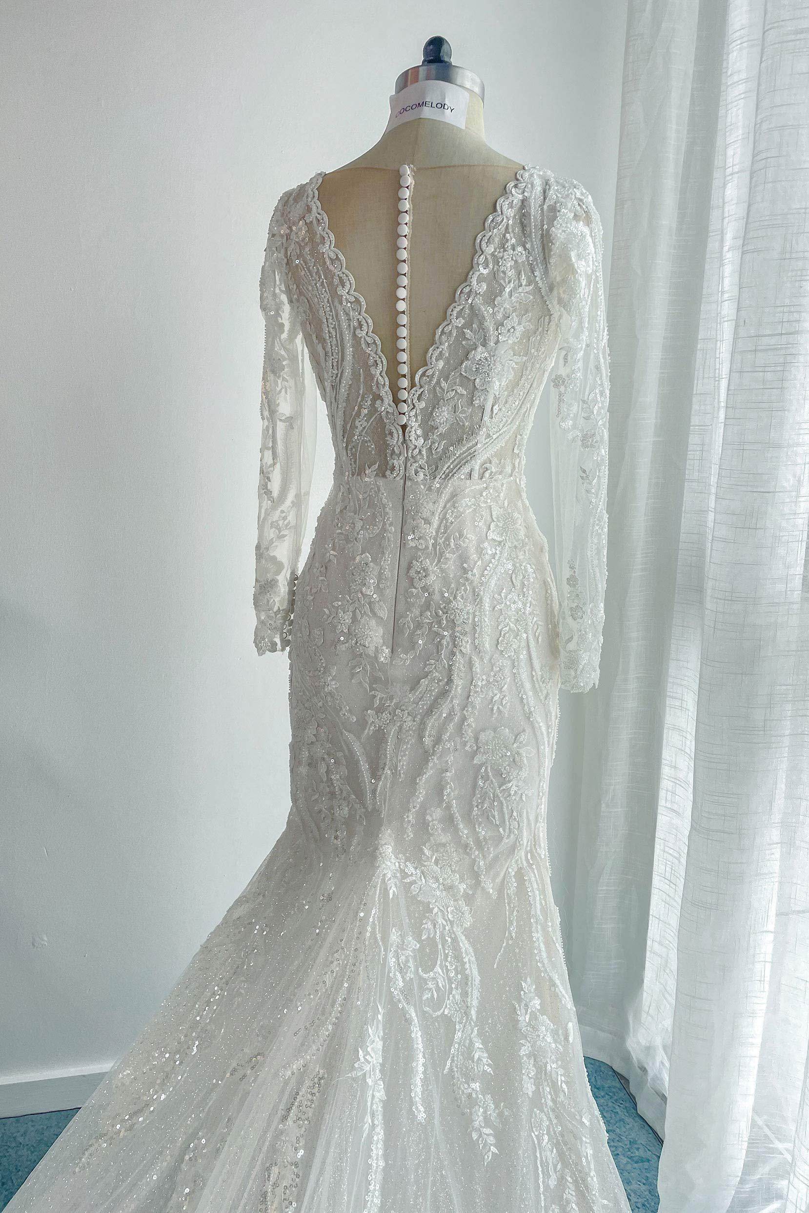 VET428 Trumpet-Mermaid Chapel Train Lace Tulle Wedding Dress - Image 12