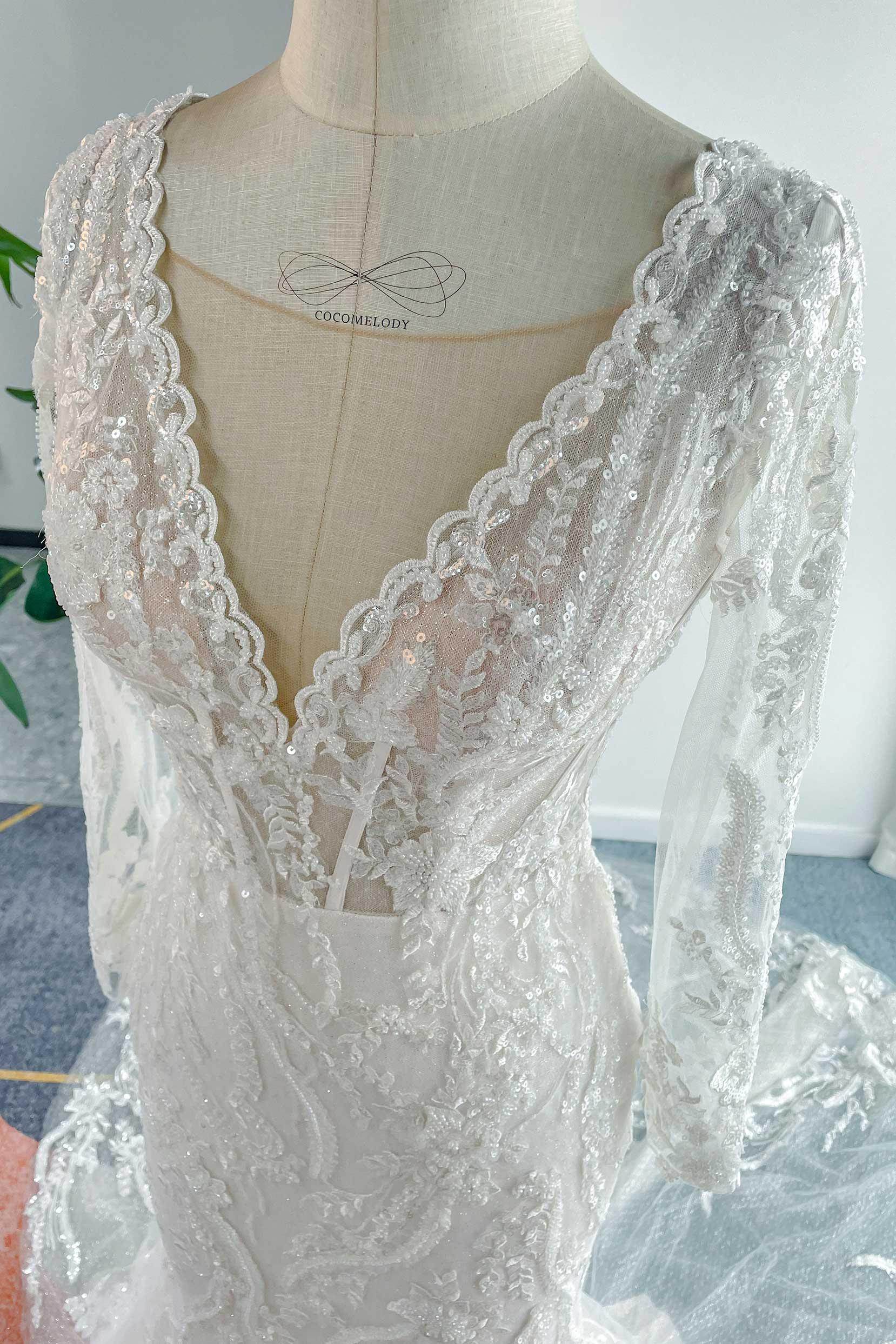 VET428 Trumpet-Mermaid Chapel Train Lace Tulle Wedding Dress - Image 9