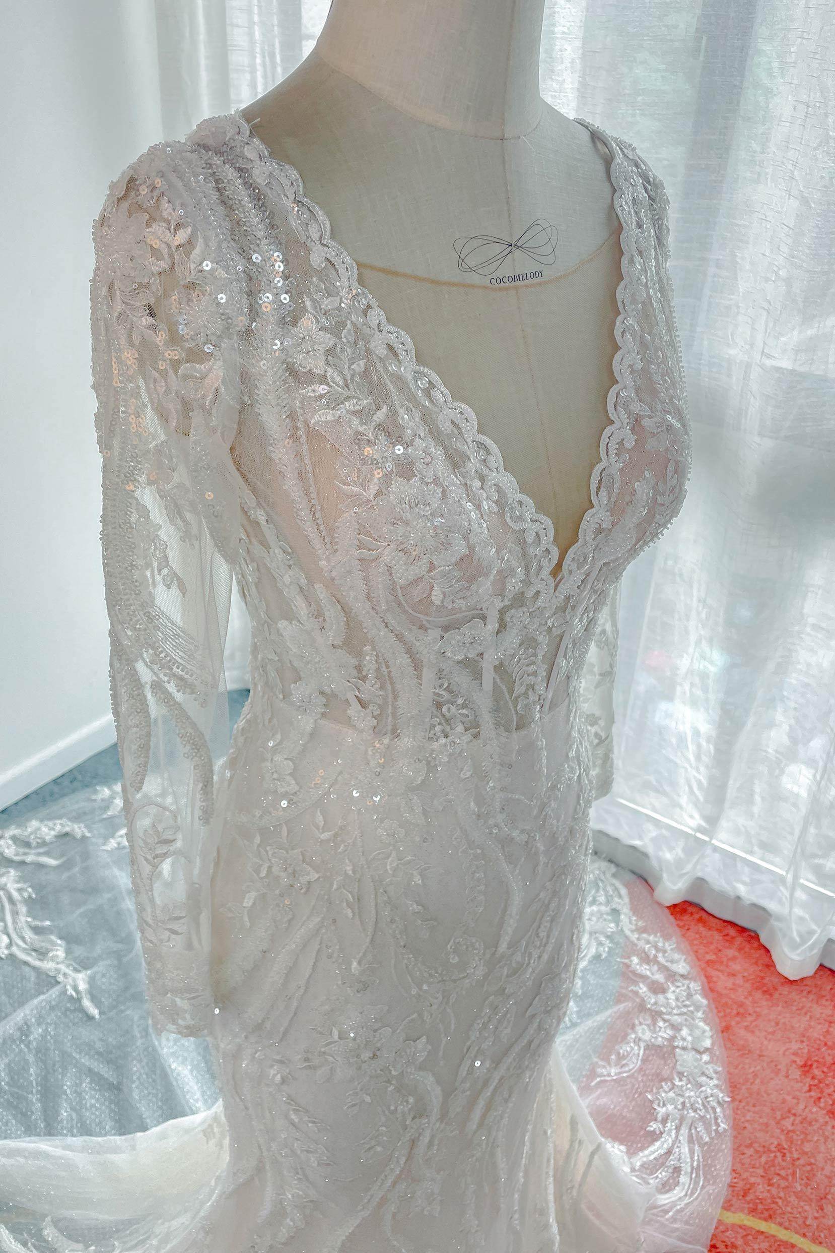 VET428 Trumpet-Mermaid Chapel Train Lace Tulle Wedding Dress - Image 10