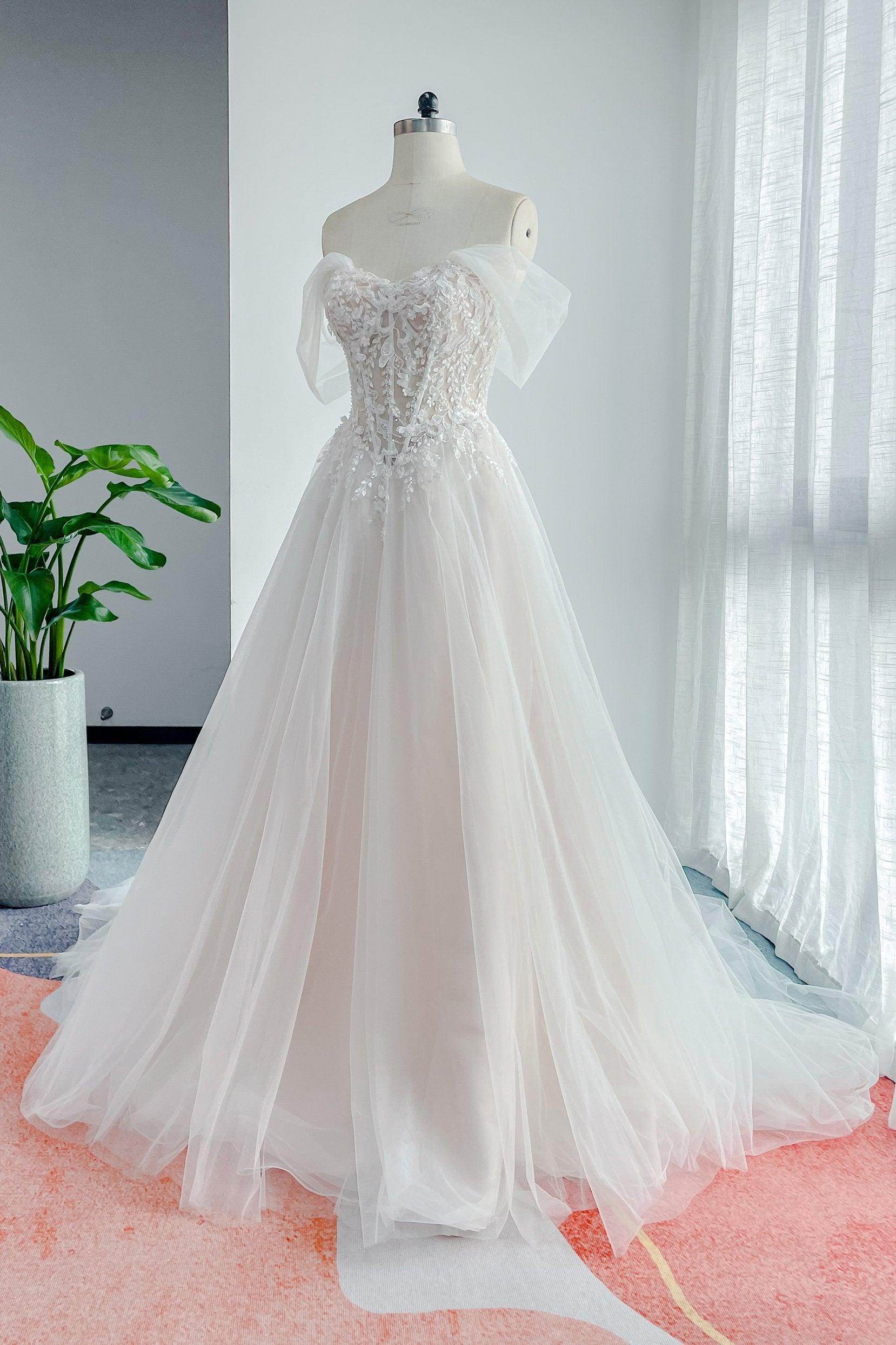 VET441 A-Line Court Train Lace Tulle Wedding Dress - Image 4