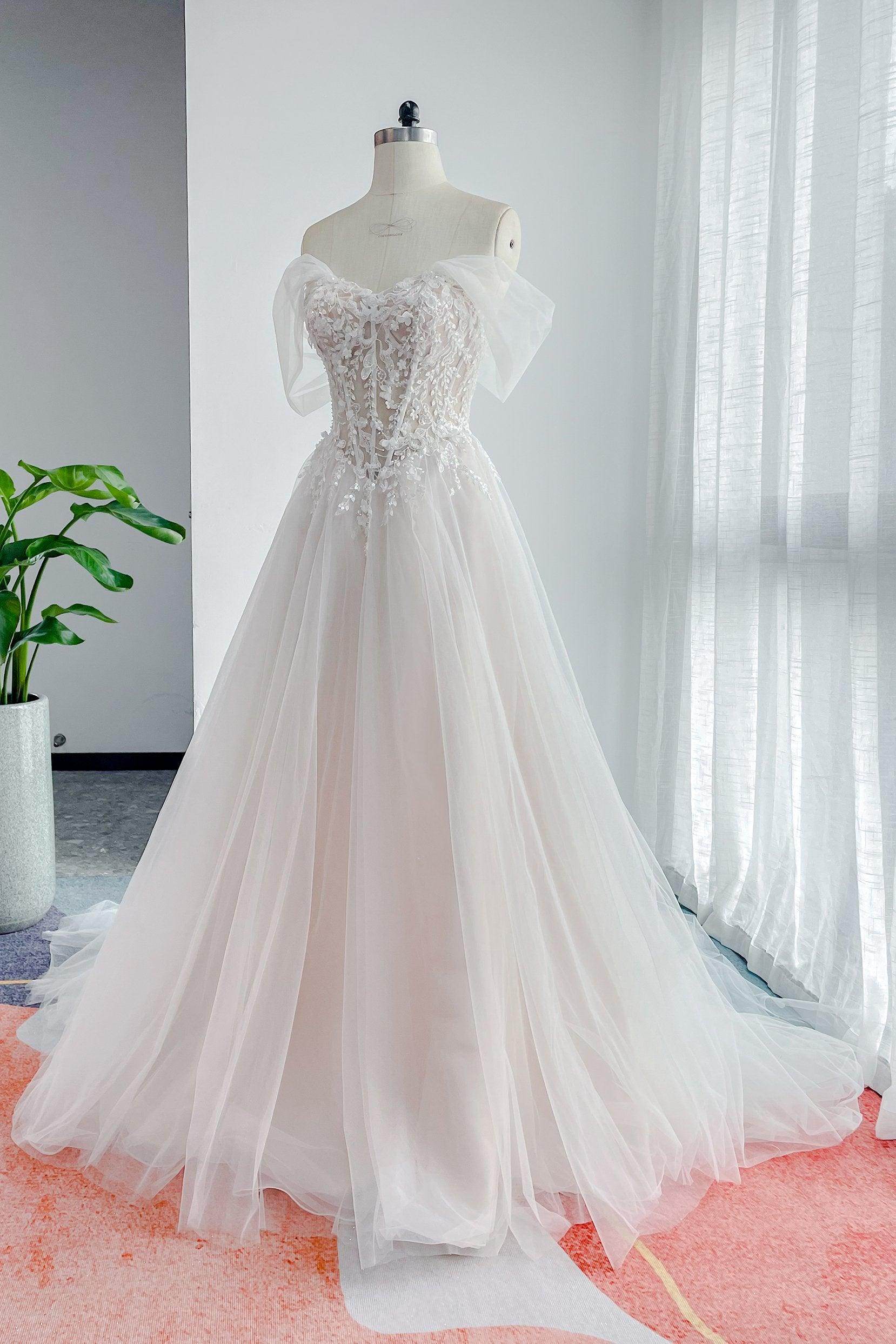 VET441 A-Line Court Train Lace Tulle Wedding Dress - Image 5