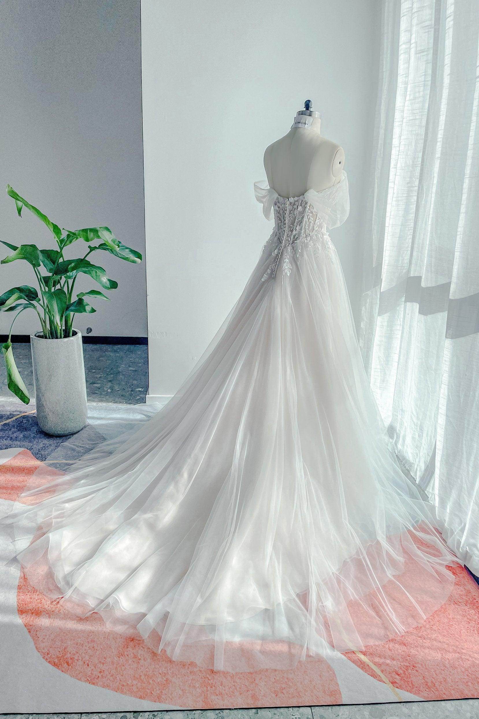 VET441 A-Line Court Train Lace Tulle Wedding Dress - Image 6