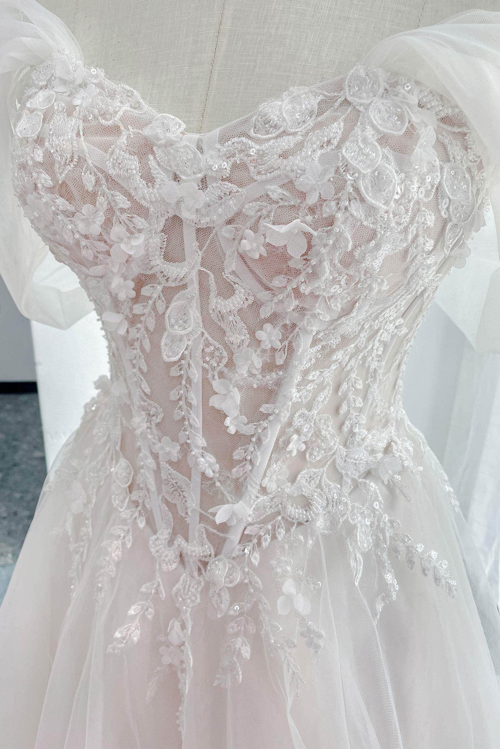 VET441 A-Line Court Train Lace Tulle Wedding Dress - Image 7