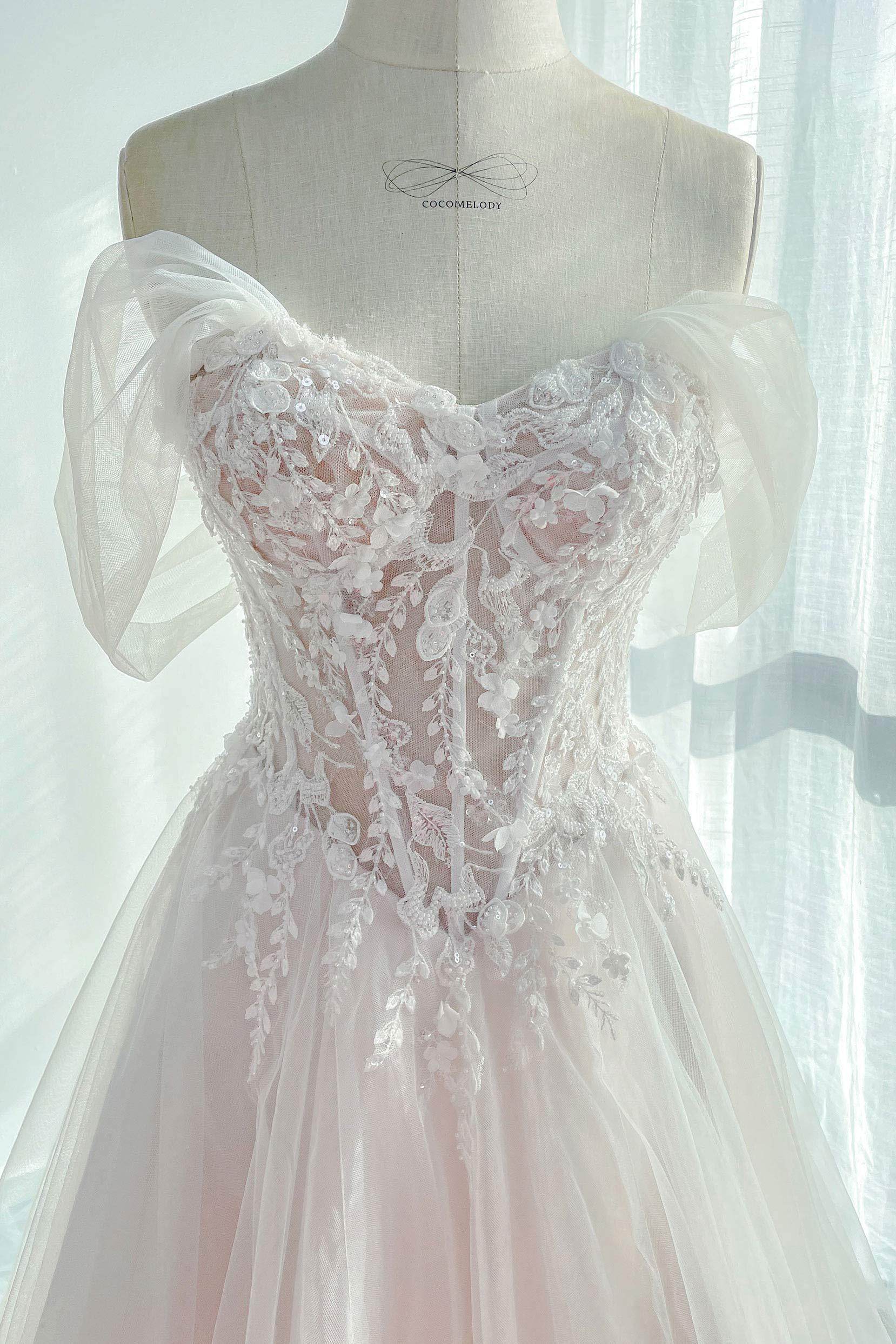 VET441 A-Line Court Train Lace Tulle Wedding Dress - Image 8