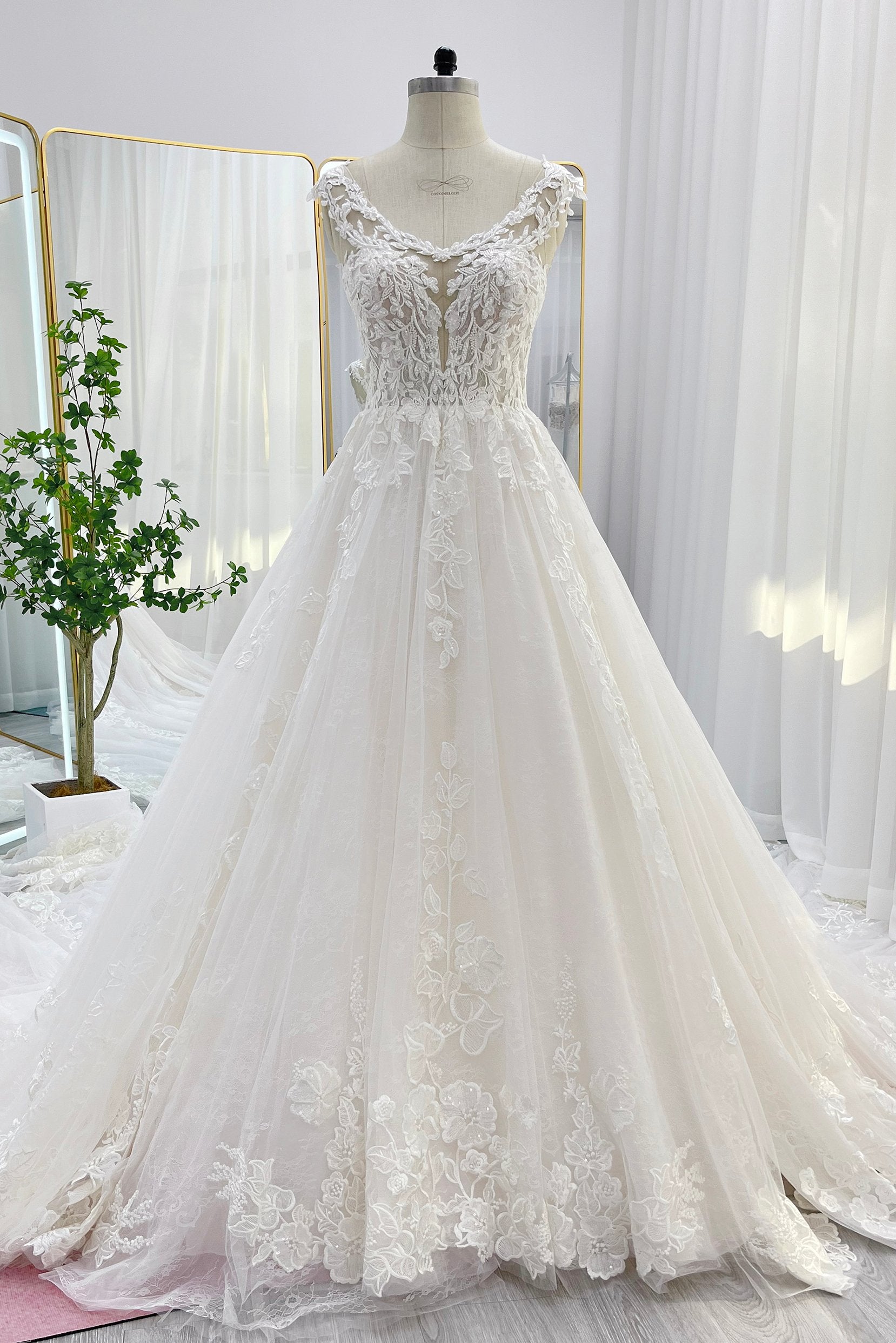 VET439 Ball Gown Cathedral Train Lace Tulle Wedding Dress - Image 3