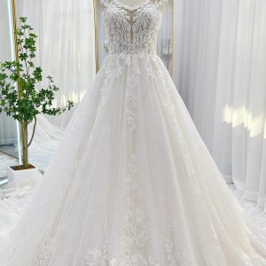 VET439 Ball Gown Cathedral Train Lace Tulle Wedding Dress
