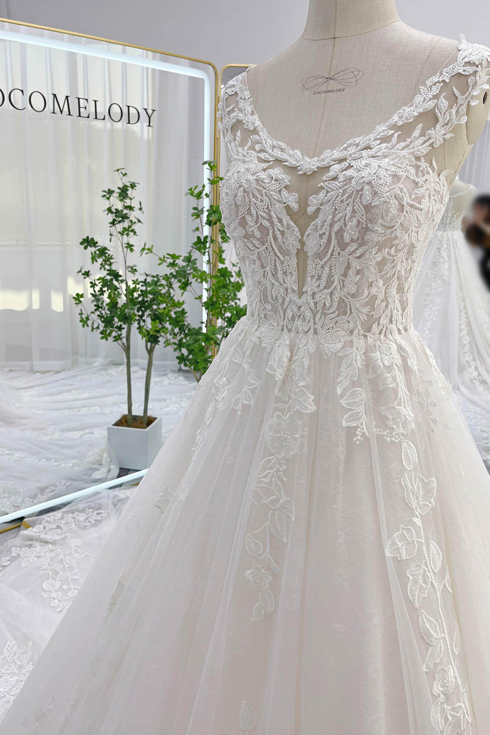 VET439 Ball Gown Cathedral Train Lace Tulle Wedding Dress - Image 4