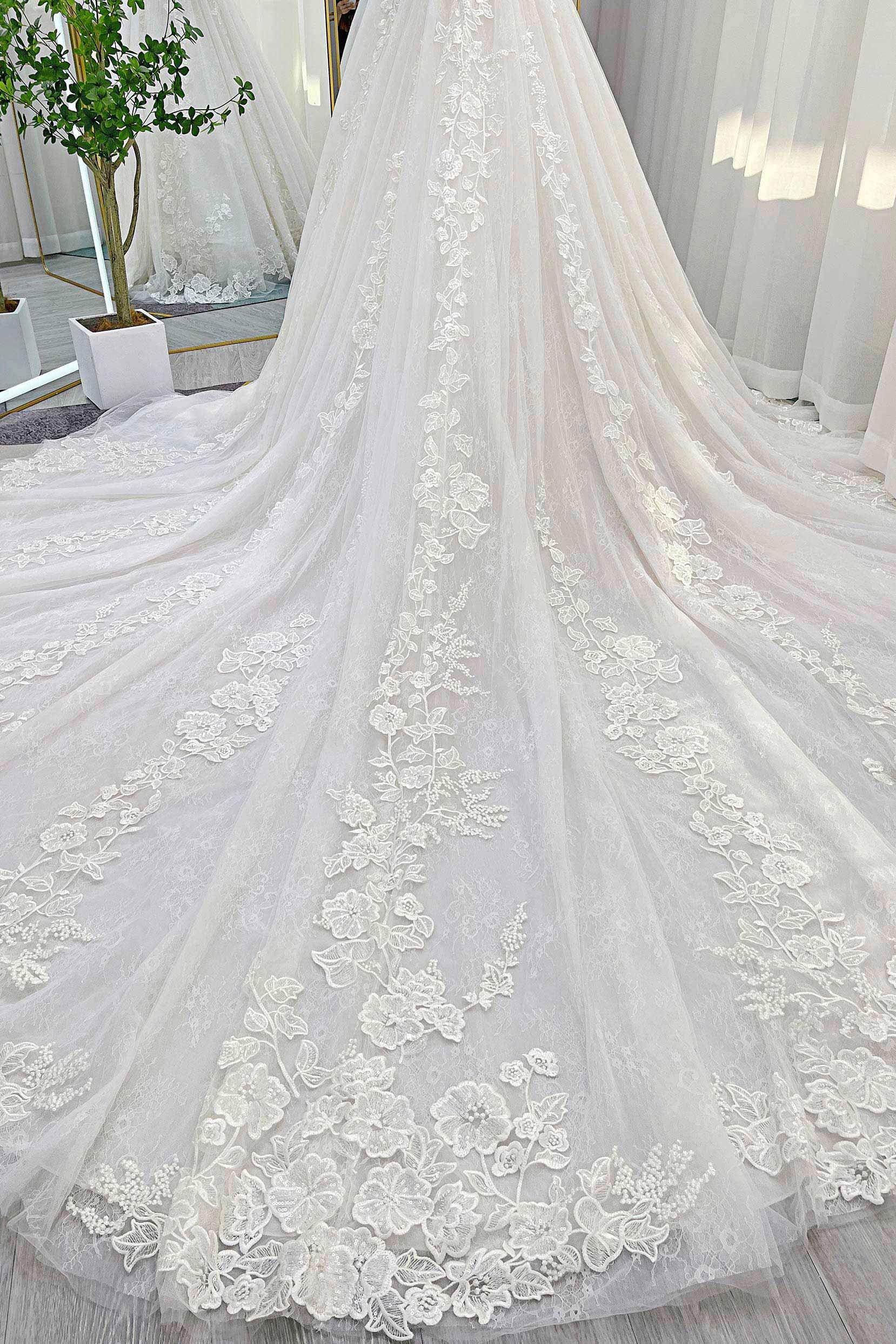 VET439 Ball Gown Cathedral Train Lace Tulle Wedding Dress - Image 7