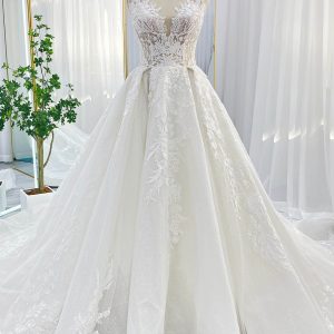 VET438 A-Line Chapel Train Lace Tulle Wedding Dress