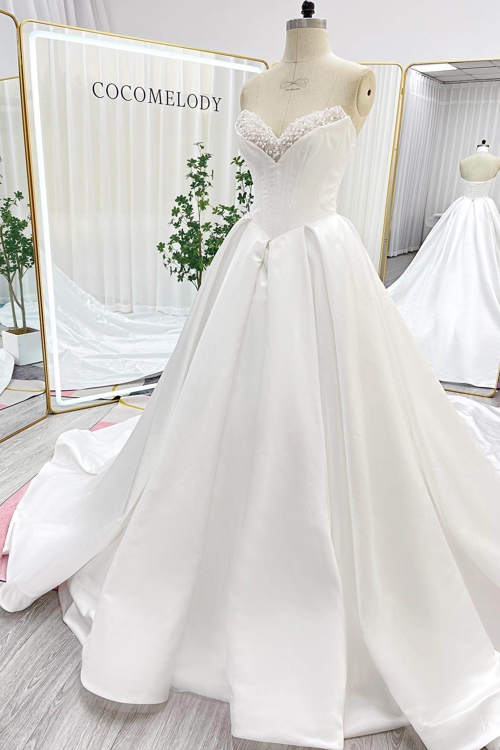 VET436 Ball Gown Chapel Train Satin Wedding Dress - Image 4
