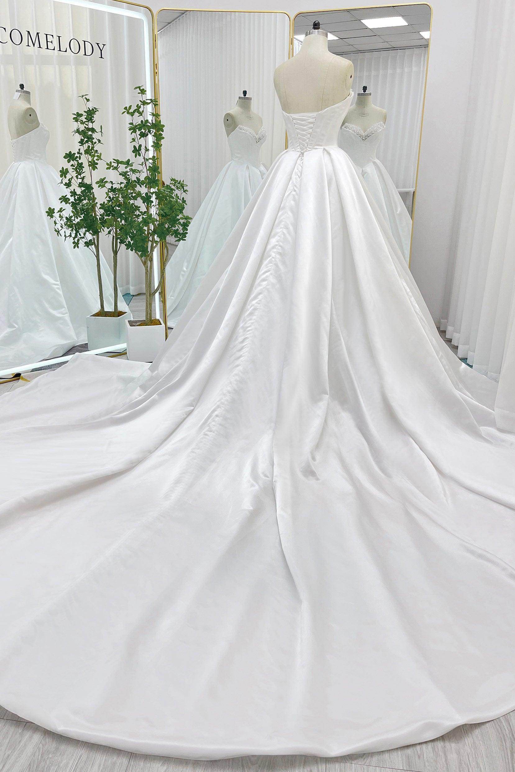 VET436 Ball Gown Chapel Train Satin Wedding Dress - Image 5