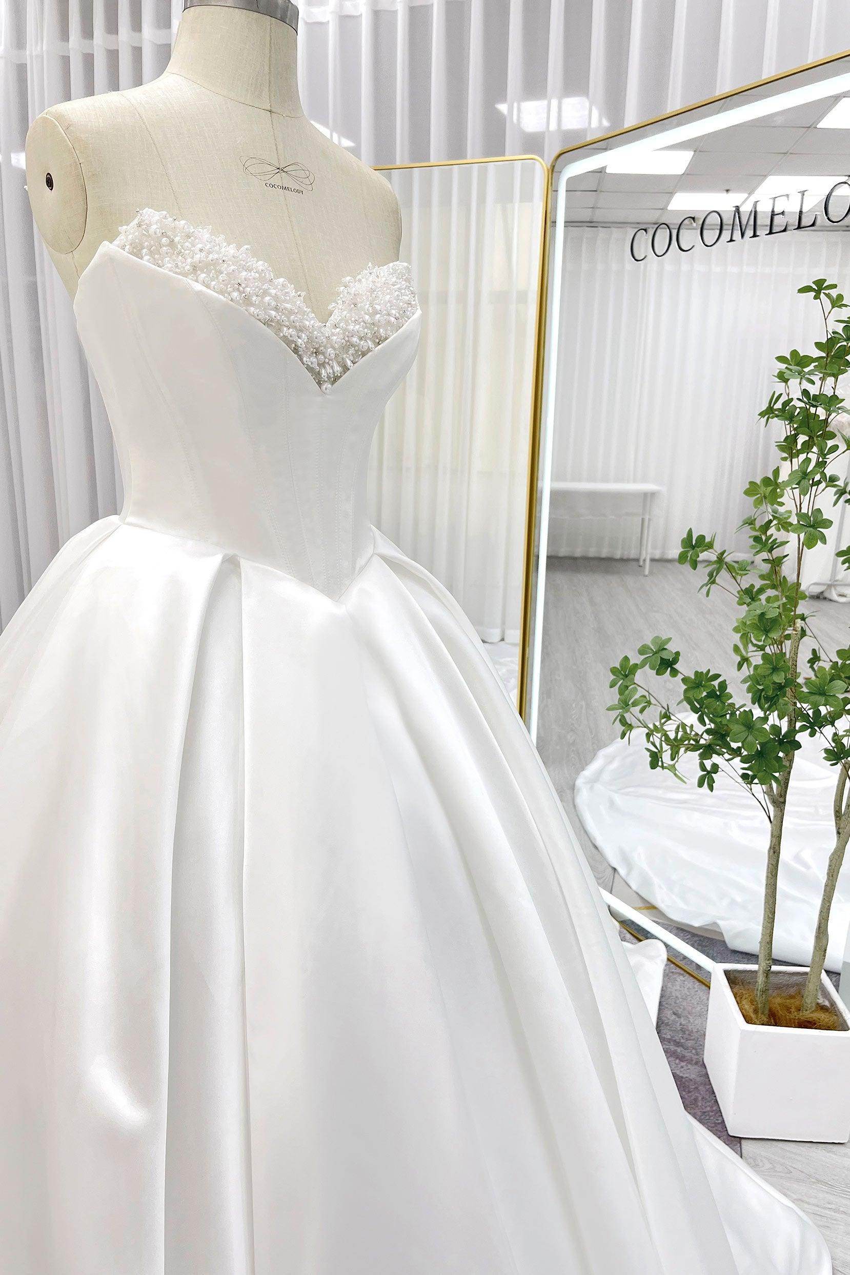 VET436 Ball Gown Chapel Train Satin Wedding Dress - Image 6