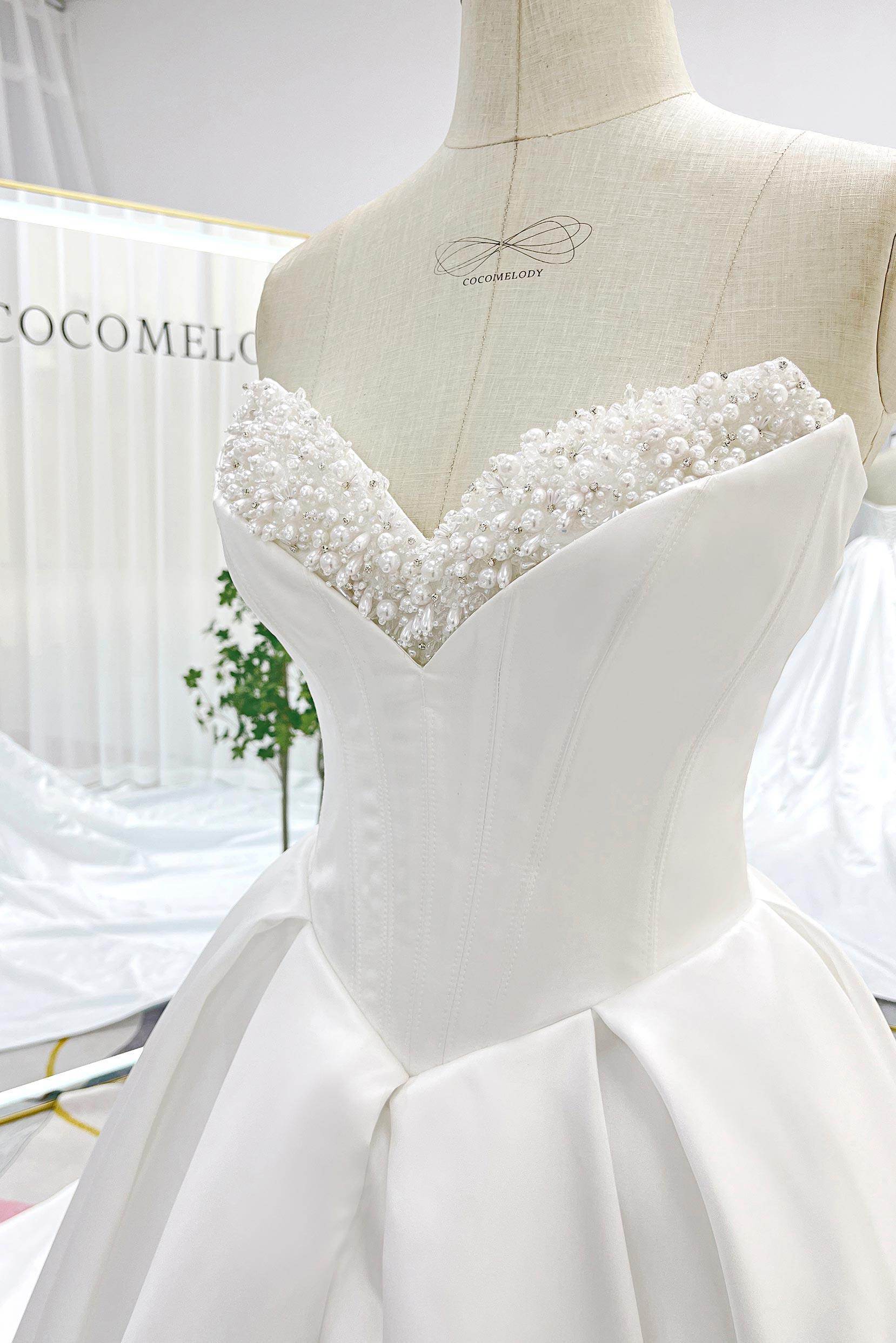 VET436 Ball Gown Chapel Train Satin Wedding Dress - Image 8
