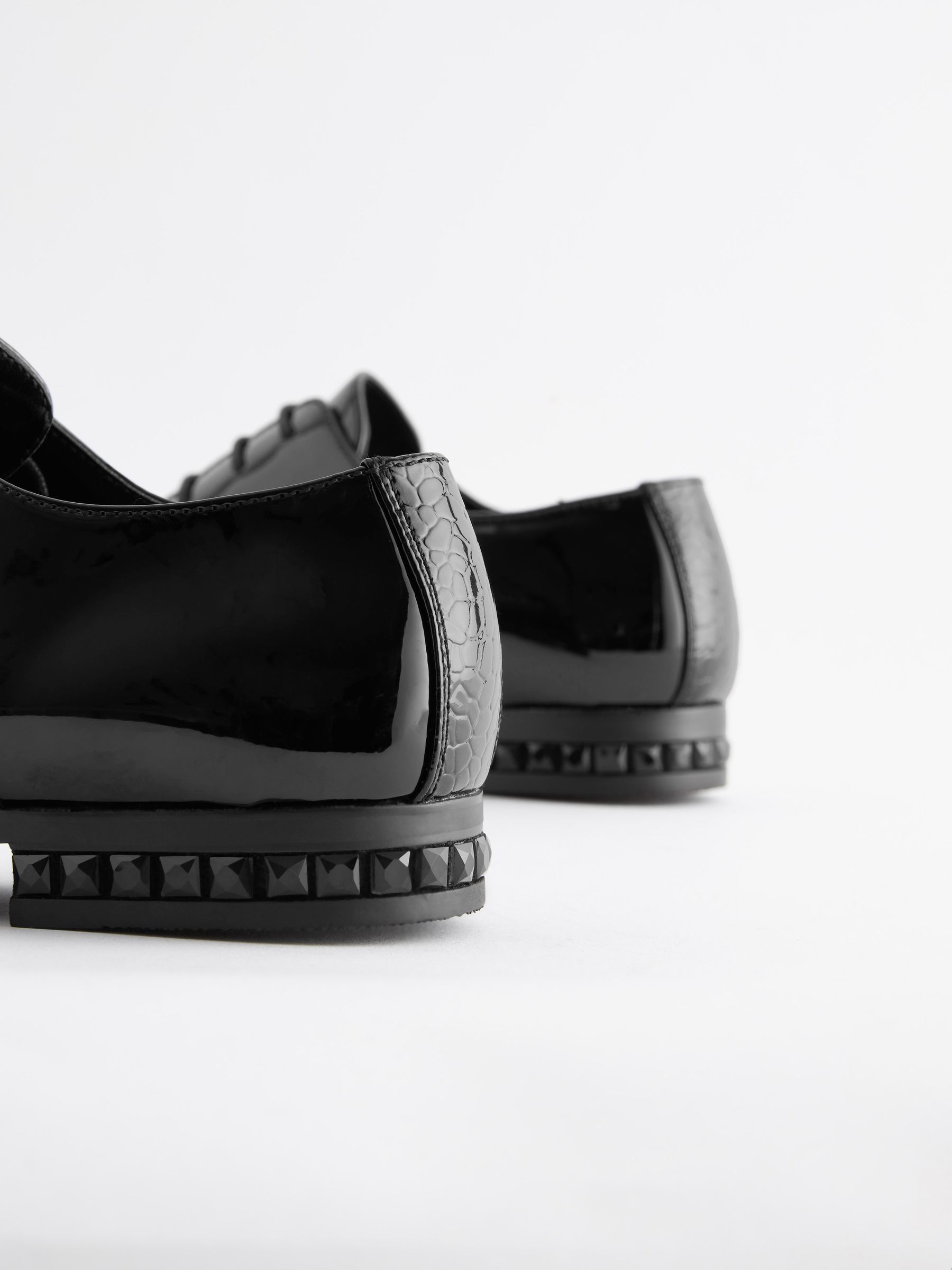 VET374 Black High Shine Jewel Trim Patent Derby Shoes - Image 4
