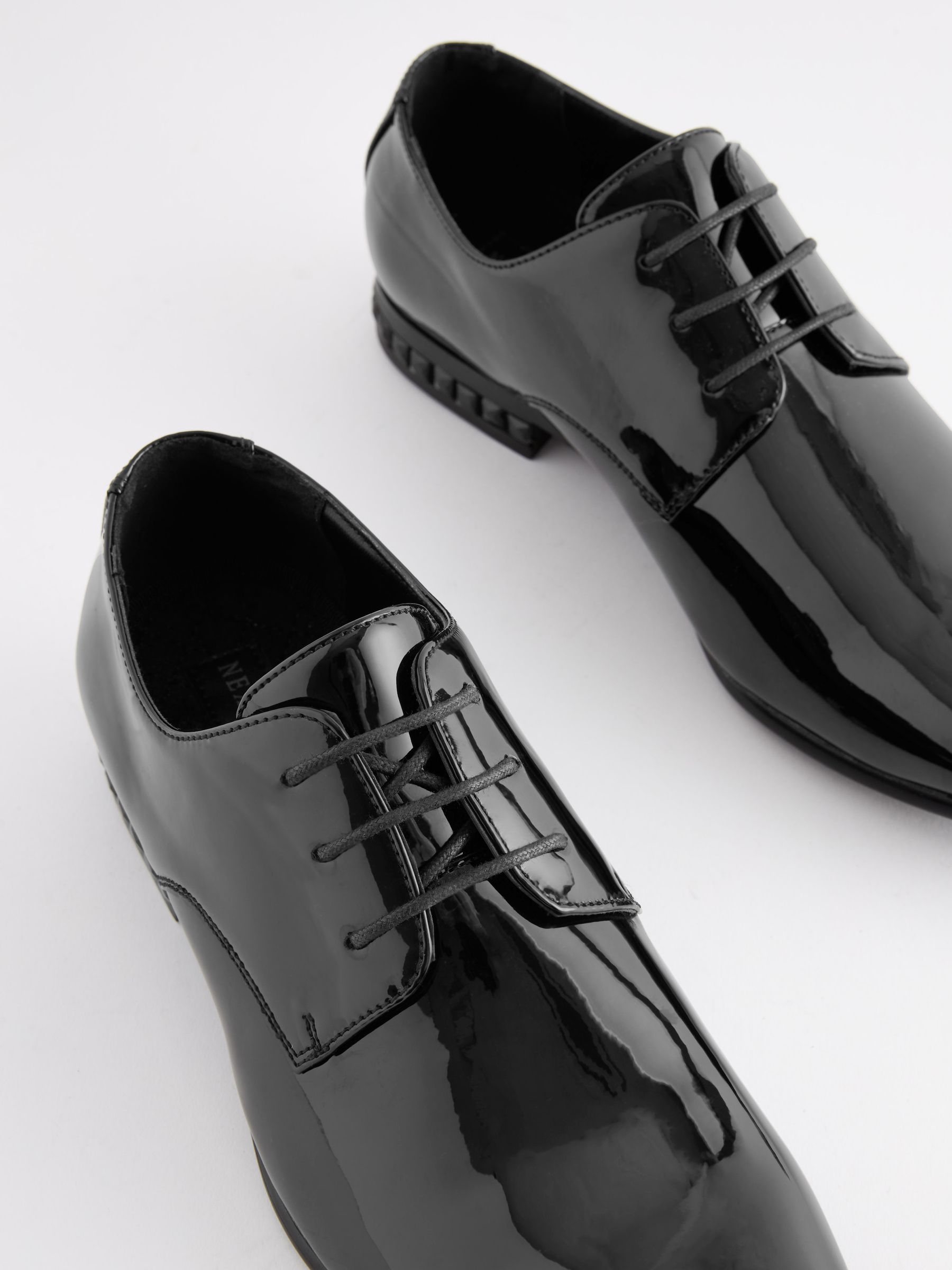 VET374 Black High Shine Jewel Trim Patent Derby Shoes - Image 5