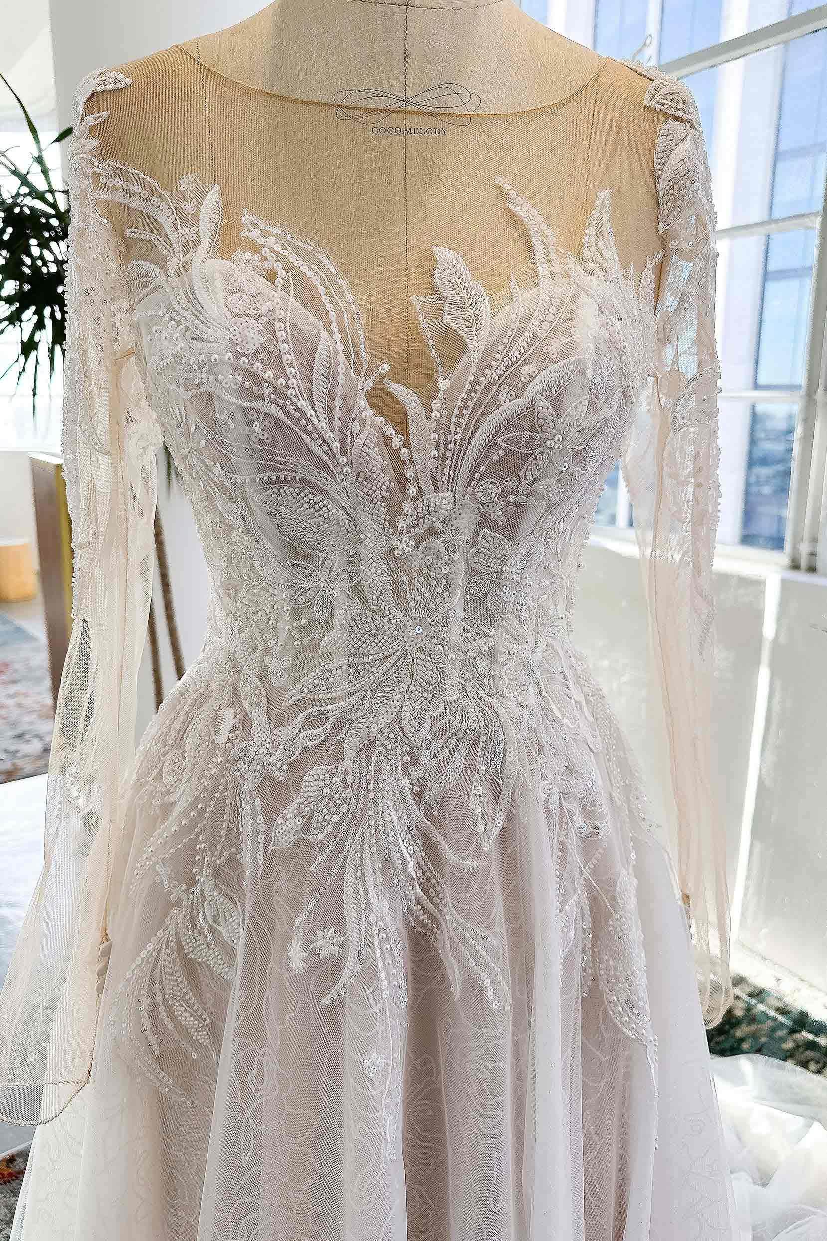 VET431 A-Line Court Train Sparkle Lace Wedding Dress - Image 6