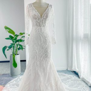 VET428 Trumpet-Mermaid Chapel Train Lace Tulle Wedding Dress