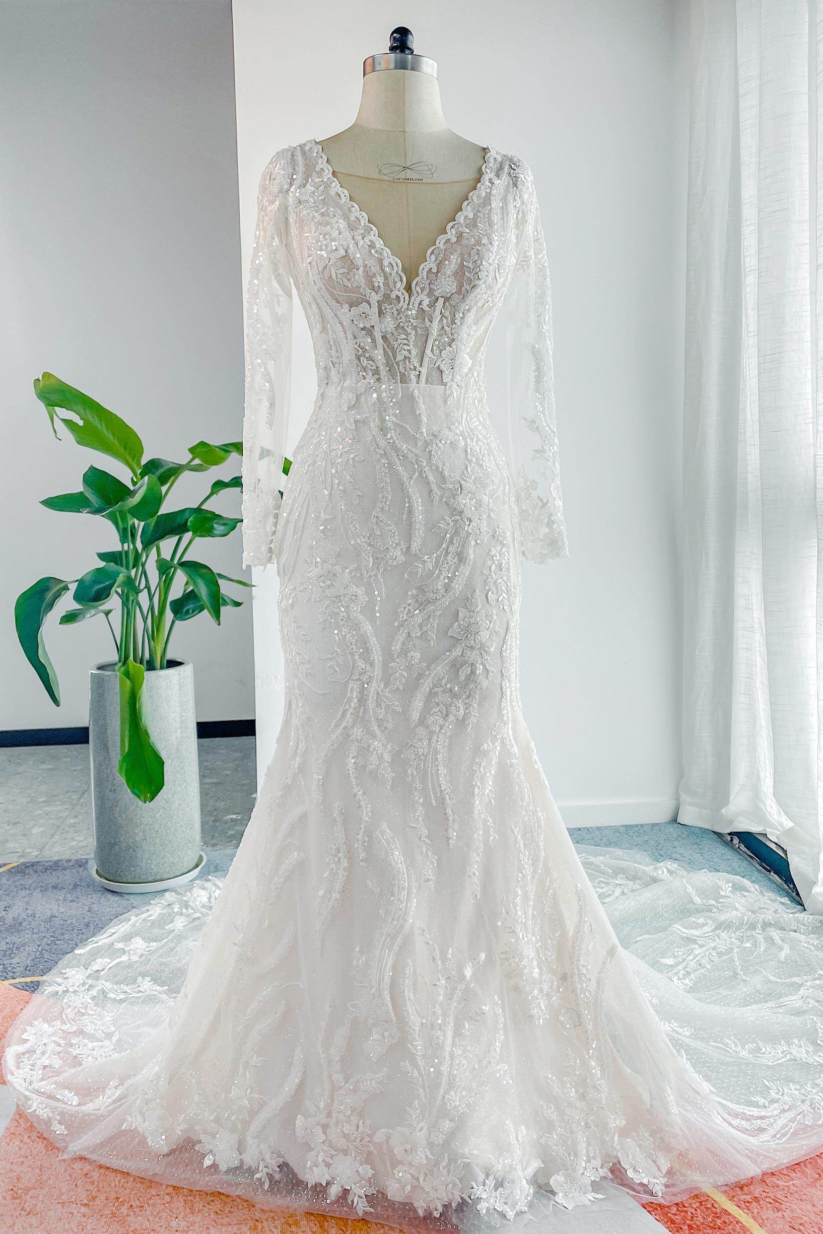 VET428 Trumpet-Mermaid Chapel Train Lace Tulle Wedding Dress - Image 13