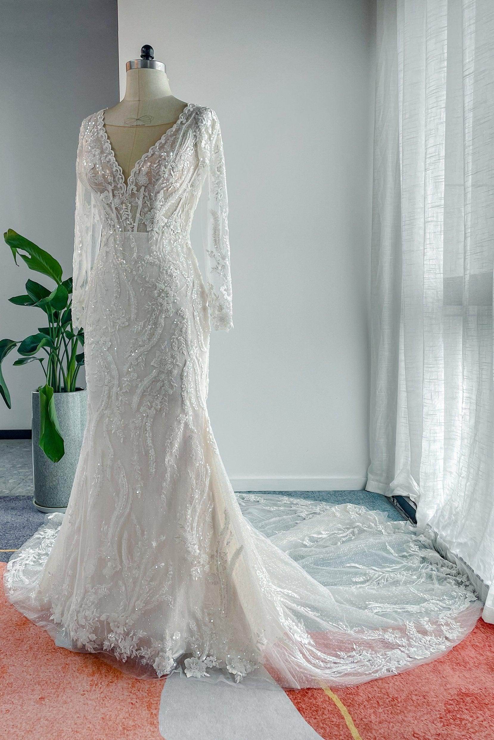VET428 Trumpet-Mermaid Chapel Train Lace Tulle Wedding Dress - Image 5